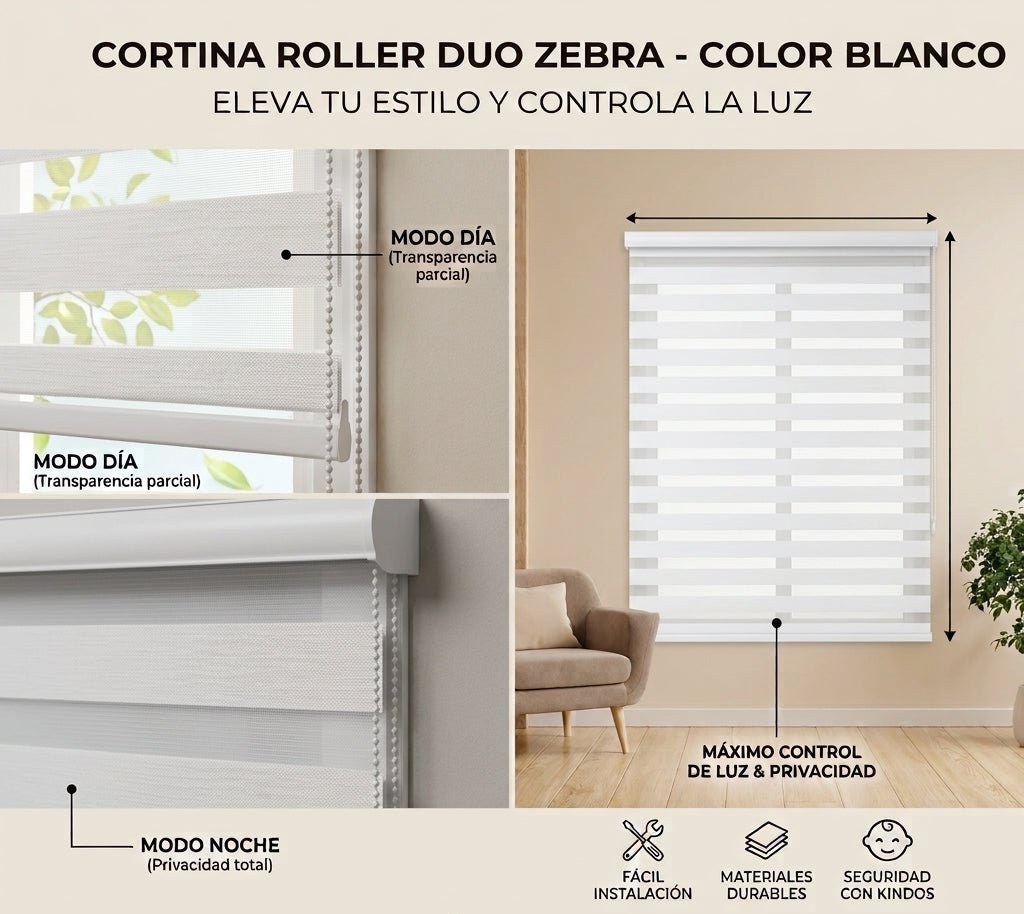 Cortina Roller Duo Zebra - medidas en cm | Detalle unidad - Telas Pacífico Sur