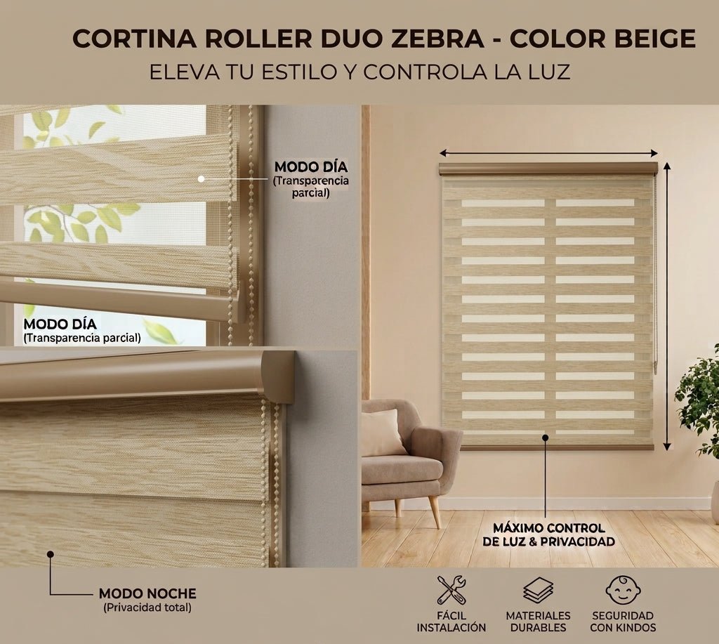Cortina Roller Duo Zebra - medidas en cm | Detalle unidad - Telas Pacífico Sur