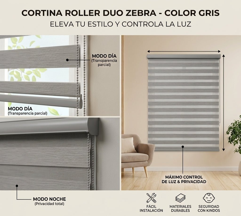 Cortina Roller Duo Zebra - medidas en cm | Detalle unidad - Telas Pacífico Sur